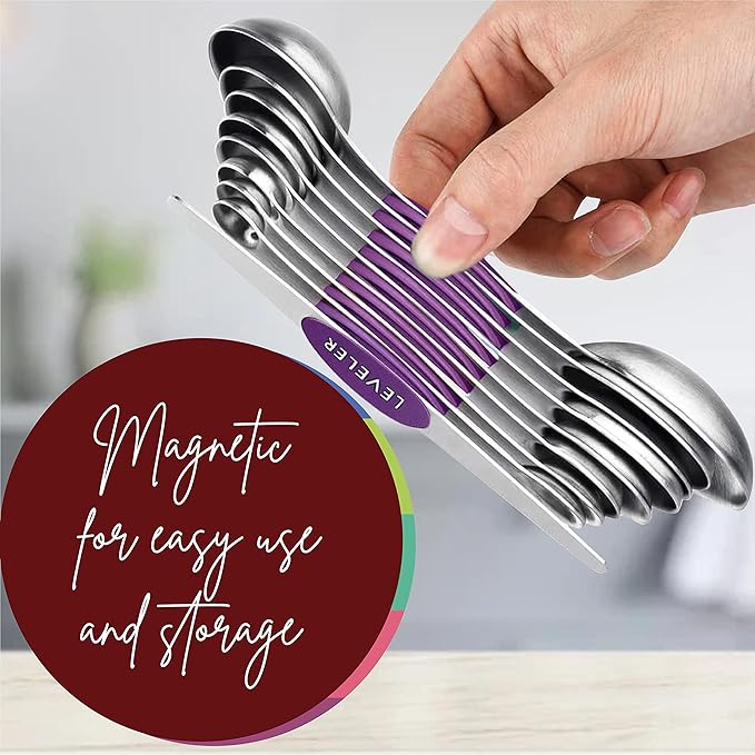 Magnetic Measuring Spoons Set of 9 Stainless Steel Dual-Sided Stackable Measuring Spoon Nesting Teaspoons Measuring Dry and Liquid Ingredients, Fits in Spice Jars Set of 9 (Purple) - Image 4