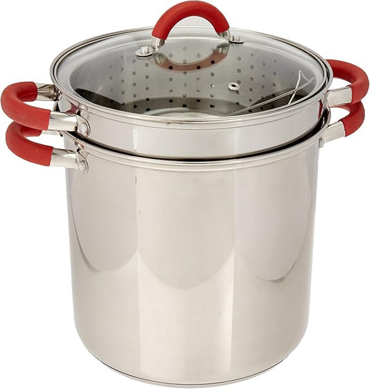 EXCELSTEEL 12 Qt Multifunction Stainless Steel Pasta Cooker with Encapsulated Base, Vented Glass Lid, and Riveted Silicone Covered Handles, 10"D x 13.75"W x 14"H by EXCELSTEEL