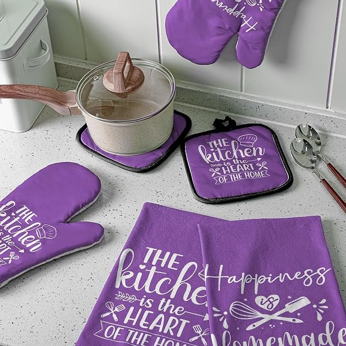 Sratte 6 Pcs Kitchen Decor Accessories Set Farmhouse Towels Pot Holders Oven Mitts Set 2 Dish Towels 2 Potholders 2 Cooking Mittens Oven Glove for Christmas Baking Cooking (Purple,Kitchen) - Image 3
