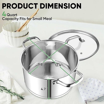 TeamFar Stainless Steel Stock Pot, 4-quart Tri-ply Base Stockpot Cooking Pasta Pot with Lid, for Induction Gas Glass Electric, Healthy & Heavy Duty, Ergonomic Handles & Straight Side, Dishwasher Safe - Image 2