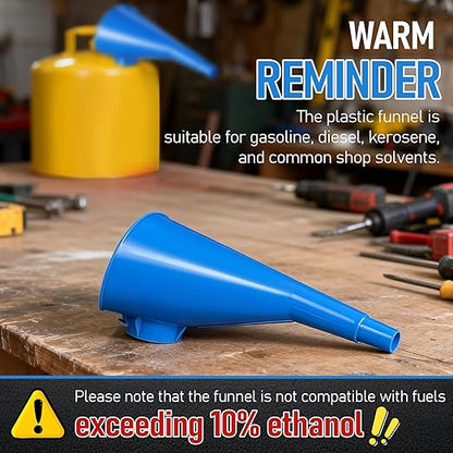 Plastic Funnel for Type I Metal Safety Cans, Compatible with Eagle F15FUN, Fits 1/2/5 Gallon Cans, 10" HDPE Funnel, Includes Diesel Only, Gasoline Only, Mixed Fuel Stickers(1 Pack,Blue)