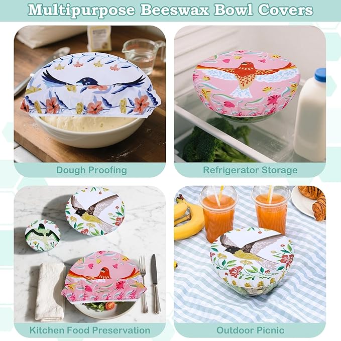 5-Size Reusable Beeswax Bowl Covers for Bread Proofing, Cotton Cloth Flexible Beeswax Wraps for Food Storage(Floral Bird) - Image 5