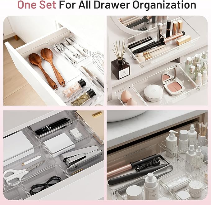 12 Pack Large Drawer Organizer Bins - Clear Plastic Bathroom Drawer Organizer Trays - Heavy Duty Kitchen Drawer Dividers for Utensils - Non-Slip Storage Bins for Makeup, Bedroom, Office Desk - Image 3