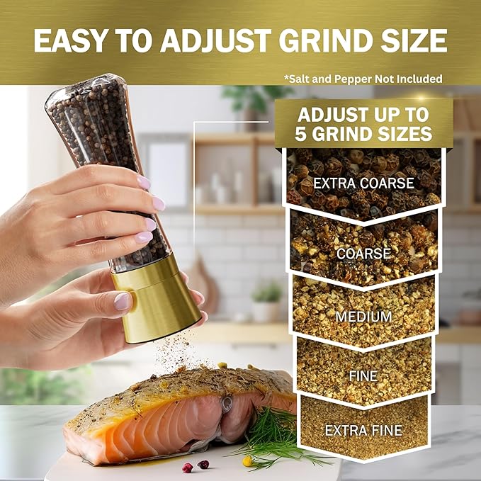 Home EC Original Gold Salt and Pepper Grinder Set of 2 - Adjustable Ceramic Grinder - Tall Glass Salt and Pepper Shakers With Funnel and Ebook - Kitchen Spice Mill - Gold Kitchen Accessories - Image 3