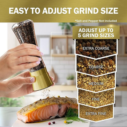 Home EC Original Gold Salt and Pepper Grinder Set of 2 - Adjustable Ceramic Grinder - Tall Glass Salt and Pepper Shakers With Funnel and Ebook - Kitchen Spice Mill - Gold Kitchen Accessories - Image 3