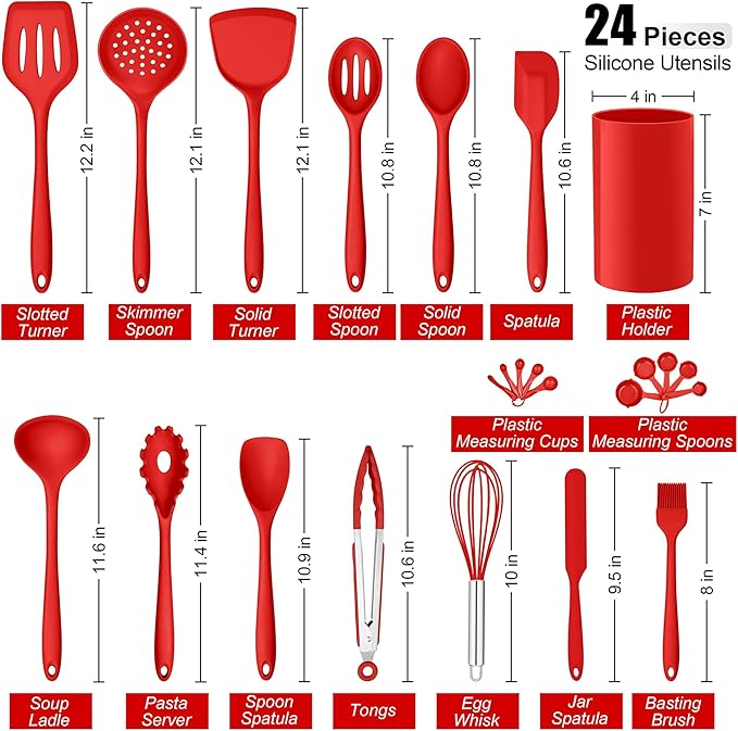 E-far Silicone Cooking Utensils Set, 24Pcs Heat Resistant Kitchen Utensil with Holder, Silicone Kitchen Tools with Spatula Turner Spoon Tongs Whisk, Non-Toxic & Dishwasher Safe (Red) - Image 2