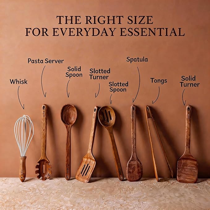 CAROTE Wooden Kitchen Utensils Set, Acacia Wood 8pcs Cooking Utensil Set for Nonstick Cookware, Long-lasting Wooden Spoons for Cooking, Spatula, Turner - Image 7