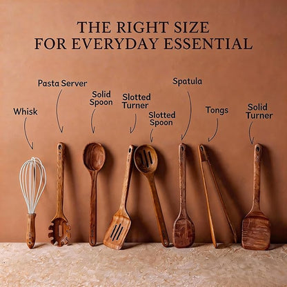 CAROTE Wooden Kitchen Utensils Set, Acacia Wood 8pcs Cooking Utensil Set for Nonstick Cookware, Long-lasting Wooden Spoons for Cooking, Spatula, Turner - Image 7