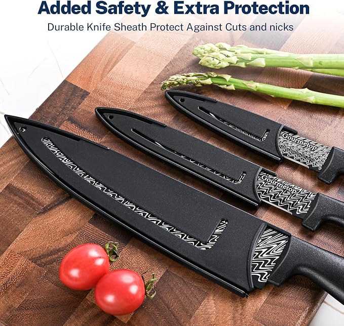 Gourmetop Kitchen Knife Set with Cover 3 Pcs, Black Chef Knife Set for Cooking, Sharp Kitchen Knives with Sheath, 8'' Chef Knife, 5'' Utility, 3.5'' Paring, Damascus Pattern Kitchen Knife for Cutting - Image 4