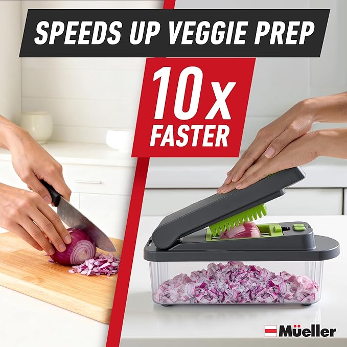 Mueller Pro-Series 10-in-1, 8 Blade Vegetable Chopper, Onion Mincer, Cutter, Dicer, Egg Slicer with Container, French Fry Cutter Potato Slicer, Home Essentials, Salad Chopper,Gray/Green - Image 3