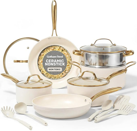 Gotham Steel 15 Pc Ceramic Cookware Set, Ceramic Pots and Pans Set Non Stick with Cooking Utensils and Steamer, Non Toxic PFOA PFOS Free, Premium Gold Stay Cool Handles, Oven & Dishwasher Safe by GothamSteel