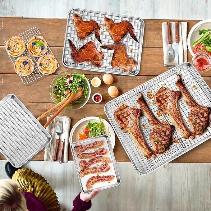 P&P CHEF 16 + 12.5 + 10.4 + 9 Inch Baking Sheet and Rack Set, 8Pcs Stainless Steel Cookie Sheets Oven Baking Pans Trays with Cooling Racks for Cooking, Oven & Dishwasher Safe, Pans with Grid Racks - Image 7