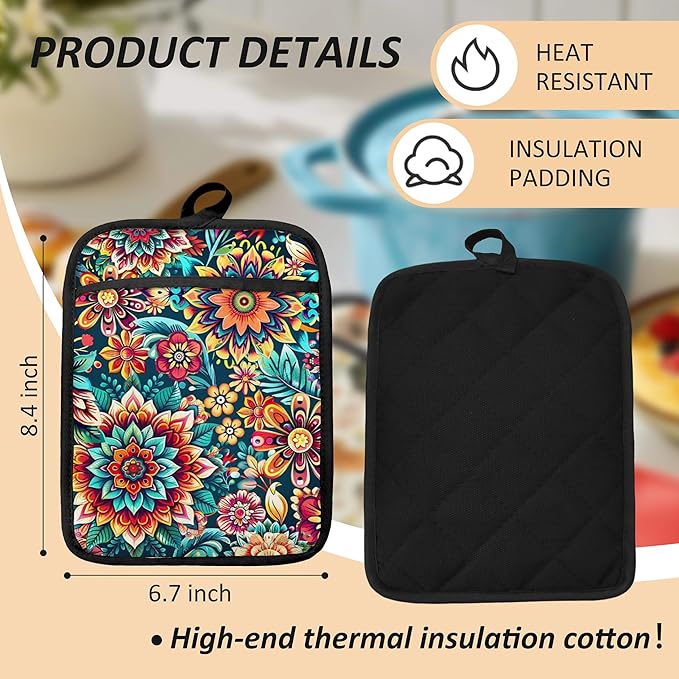 Vibrant Mandala Floral Pot Holders for Kitchen, Boho Abstract Colorful Ethnic Flower Botanical Heat Resistant Hot Pads and Oven Mitts for Baking Cooking - Image 6