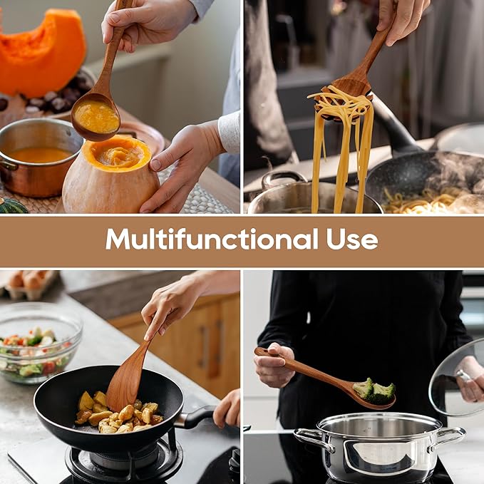 Teak Wooden Cooking Utensils Set, 10 Piece Premium Kitchen Cookware, Non-Scratch Wooden Spoons for Cooking, Perfect for Cooking and Serving - Image 8