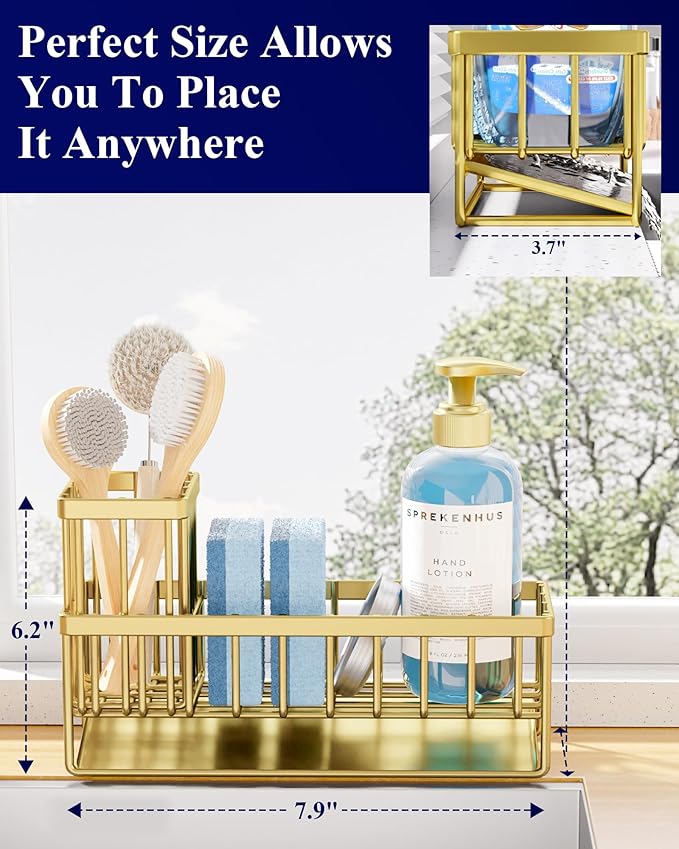 Kitsure Sponge Holder for Kitchen Sink - Rustproof Stainless Steel Sink Caddy Organization and Storage Essentials with High Brush Holder, Home Decor Accessories, 7.9" x 3.7" x 6.2", Gold - Image 2