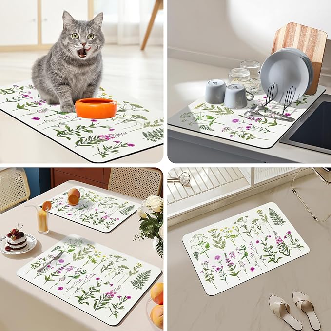 Bloss Dish Drying Mat, Spring Flower Printed Coffee Bar Mat, Kitchen Counter Mat, Hide Stain Rubber Backed Dish Drying Pad/Spring Decor for Desk(16.1"x24.1", 2-Row Flower) - Image 3