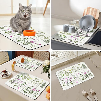 Bloss Dish Drying Mat, Spring Flower Printed Coffee Bar Mat, Kitchen Counter Mat, Hide Stain Rubber Backed Dish Drying Pad/Spring Decor for Desk(16.1"x24.1", 2-Row Flower) - Image 3