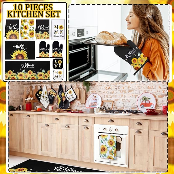 Fourluoo 10 Pcs Sunflower Kitchen Dish Towels Rugs Oven Mitts and Pot Holders Set Farmhouse Kitchen Decor Set for Women Mom Daughter Gift Cooking Baking Grilling (Bright Black Yellow)