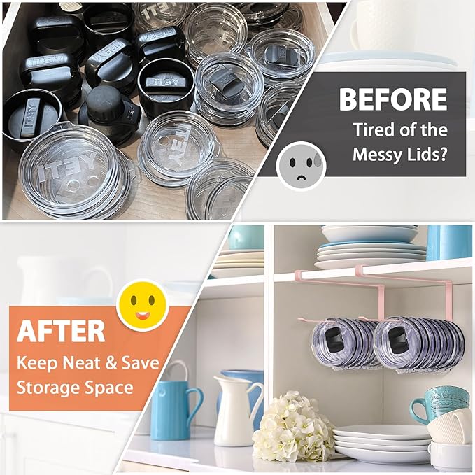 2 Pack Tumbler Lid Organizer, Horizontal Tumbler Lid Storage Hook to Hold Up 20 Lids, Space Saving Cup Lid Holders Under Cabinet Tumbler Lid Hook for Kitchen Organizer, Paper Towel Rack Hanger (Pink) - Image 5