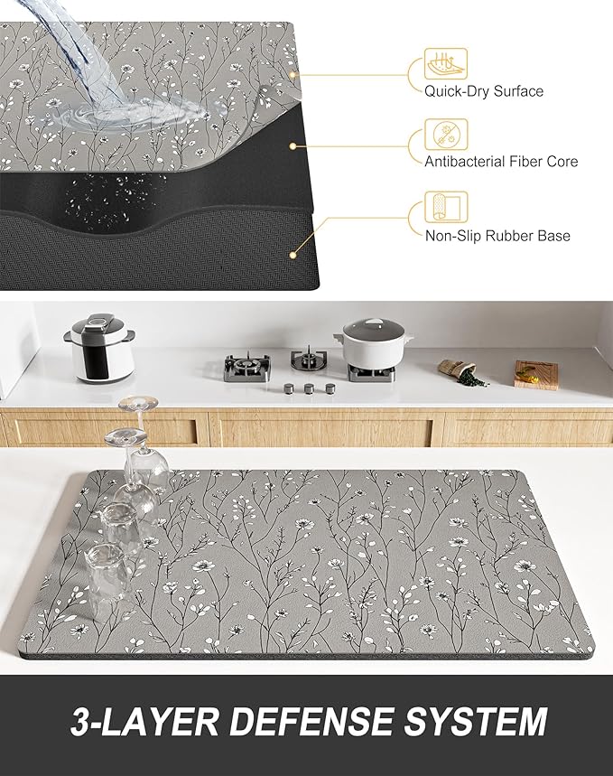Rnivvi Dish Drying Mat for Kitchen Counter, XL 15 x 24" Cute Flower Theme Absorbent Draining Pad, Non-Slip Heat Resistant Coffee Bar Mats for Coffee Machine Station Accessories, Grey Dish Rack Pad - Image 4