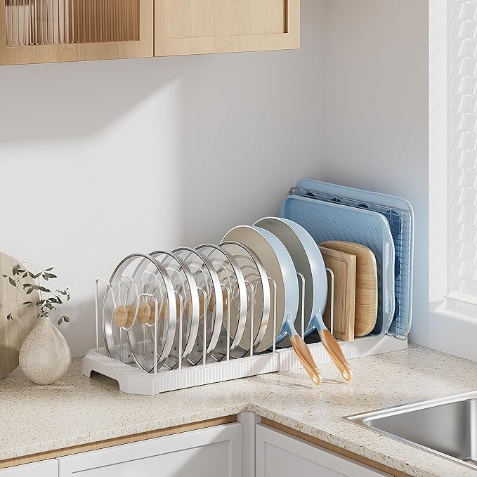 MUDEELA Pot Lid Organizer Rack for Cabinet, Expandable Pots and Pans Organizer under Cabinet with 12 Adjustable Dividers, Pan Organizers Holder inside Cabinet for Cutting Boards, Baking Sheets, White - Image 4