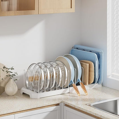 MUDEELA Pot Lid Organizer Rack for Cabinet, Expandable Pots and Pans Organizer under Cabinet with 12 Adjustable Dividers, Pan Organizers Holder inside Cabinet for Cutting Boards, Baking Sheets, White - Image 4