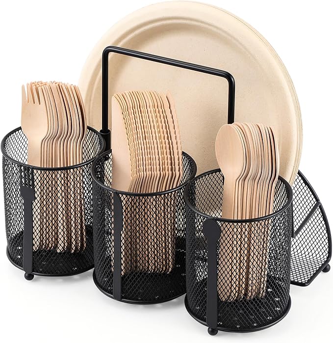 Metal Utensil Caddy Silverware Holder, Paper Plate Holder Cutlery Container,Plate Organizer Flatware Storage Basket Party Camping Picnic Buffet RV BBQ Farmhouse Kitchen Countertop by ZZDWLDHA
