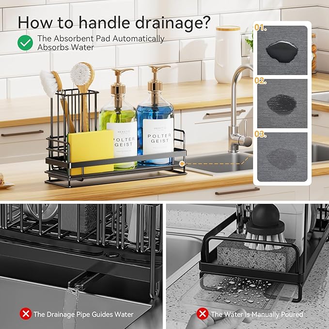 Yofidra Sink Caddy With Stone Drying Tray: Stainless Steel Soap Dispenser Kitchen Sink Organizer Set, Sponge Holder Counter Accessories Decor for Kitchen Organizers and Storage 8.1x3.5x4.5 in Black - Image 3