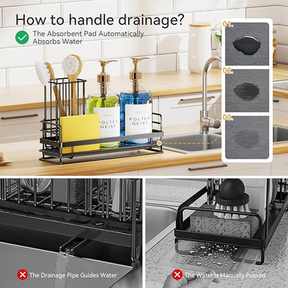 Yofidra Sink Caddy With Stone Drying Tray: Stainless Steel Soap Dispenser Kitchen Sink Organizer Set, Sponge Holder Counter Accessories Decor for Kitchen Organizers and Storage 8.1x3.5x4.5 in Black - Image 3