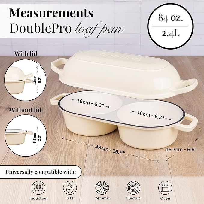 Dutch Oven For Sourdough Bread Baking – Enamelled Cast Iron Bread Loaf Pot – 500°F Oven Safe Non Stick Bread Pot – Double Round Loaf Space, 16.5cm Diameter, Cream, – by Nuovva - Image 2