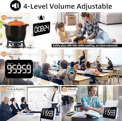 Rechargeable Digital Kitchen Timer for Cooking, Magnetic Timers with Countdown/up, Kids Timer with 5”LED Display 3 Brightness 4 Volume Adjustable for Classroom/Office/Home/Work/Study/Fitness/Game - Image 4
