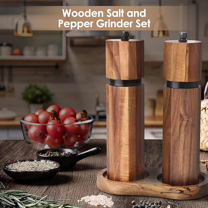 Wooden Salt and Pepper Grinder Set with Wooden Tray and Spoon, 8 Inch Manual Salt and Pepper Mill, Adjustable Coarseness, Refillable Pepper Grinder with Ceramic Core for Kitchen, Octagonal