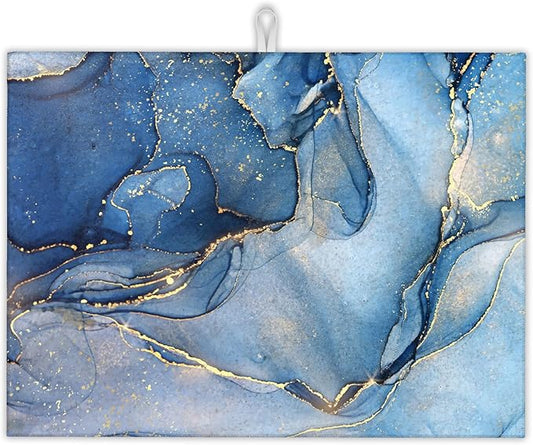 Blue Gold Marble Dish Drying Rack Mat for Kitchen Counter, Dish Drying Pad Absorbent Reversible Microfiber Protector for Coffee Bar Sink Countertops 18x24 Inch