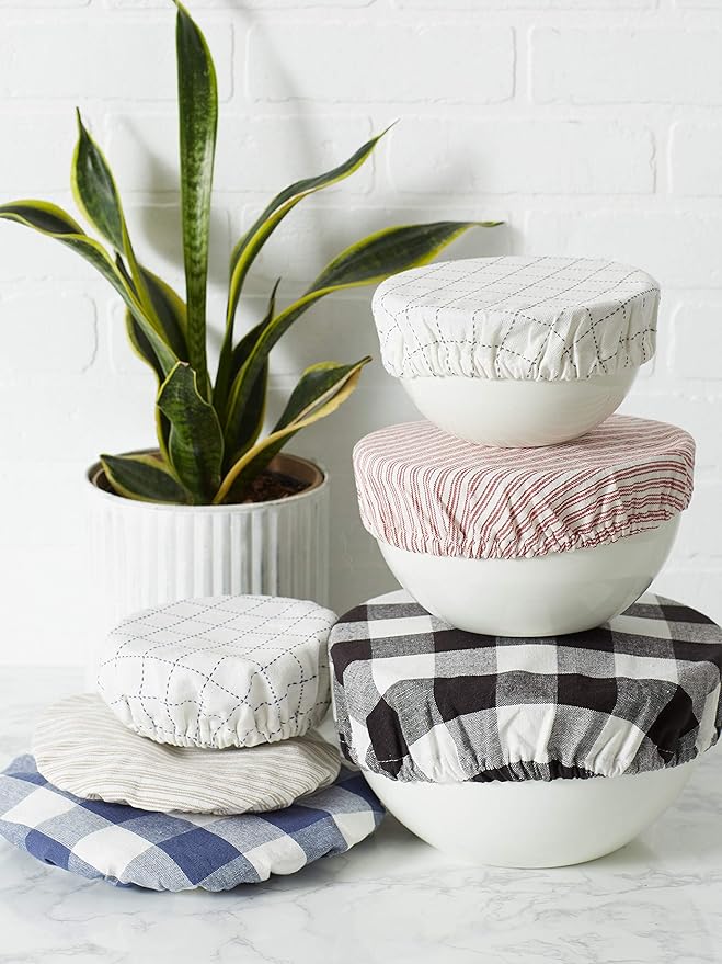 DII Reusable Cloth Bowl Cover Collection Machine Washable, Cotton with Elastic Stretch for Food Storage, 10.25"/8.25"/7.5" Diameter, Farmhouse Plaid, Black, 3 Piece