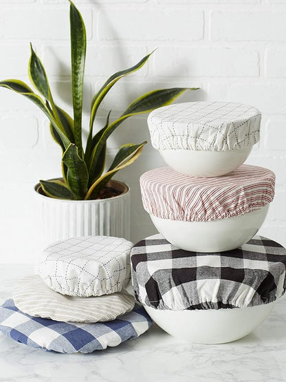 DII Reusable Cloth Bowl Cover Collection Machine Washable, Cotton with Elastic Stretch for Food Storage, 10.25"/8.25"/7.5" Diameter, Farmhouse Plaid, Black, 3 Piece