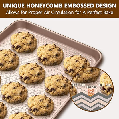 Wildone 2 Pack Half Sheet Baking Pans, Honeycomb Embossed Nonstick Baking Sheet 17.5x12 In, Thicker Carbon Steel Cookie Sheet, Even Heating & Warp Resistant, Rose Gold - Image 4