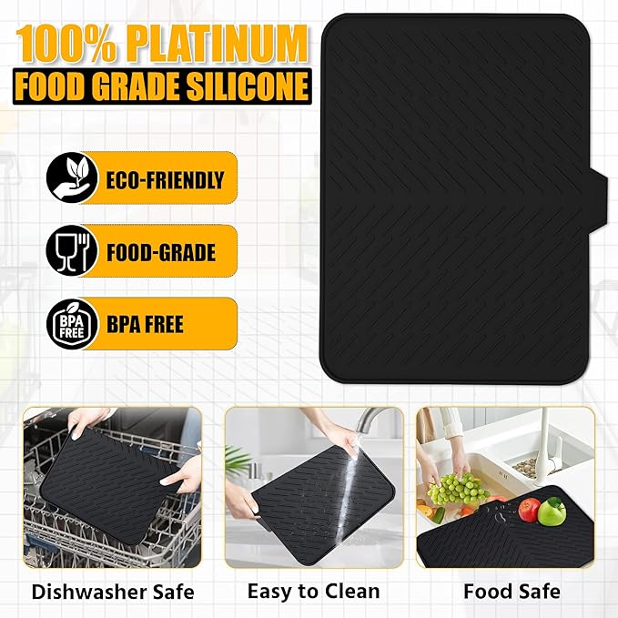 Luxet Silicone Dish Drying Mat with Built-in Drain Lip - Hygienic Drying Pad - Sturdy Compact Easy to Clean Tray Protects Surfaces Prevents Water Build Up - 23 X 17 (Black) - Image 8