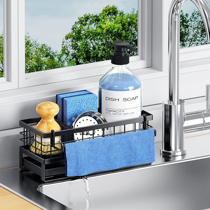 Kitchen Sink Sponge Holder, Rustproof Non-Slip Self-Draining Metal Sink Caddy with Detachable Dish Cloth Holder (Black) by DYFVRENKITCHENLIFE