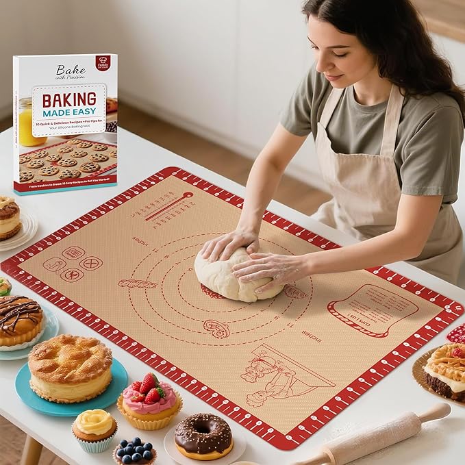 Extra Thick Silicone Mat for Baking, Silicone Baking Mat with 10 Easy Recipes, Non Stick Silicone Pastry Mat, kneading Dough Rolling Mat, Macaron, Cookie, bread, Pizza, Fondant/Pie Crust by Bredominant