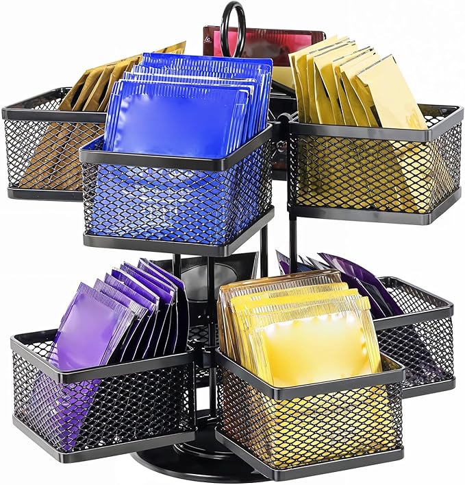 Tea Bag Organizer, Tea Bag Storage Holder Spinning Carousel 96 Teabags Container, Lazy Susan Coffee Creamer Sweetener Tea Caddy for Kitchen Counter Cabinet Pantry Shelf Organizer