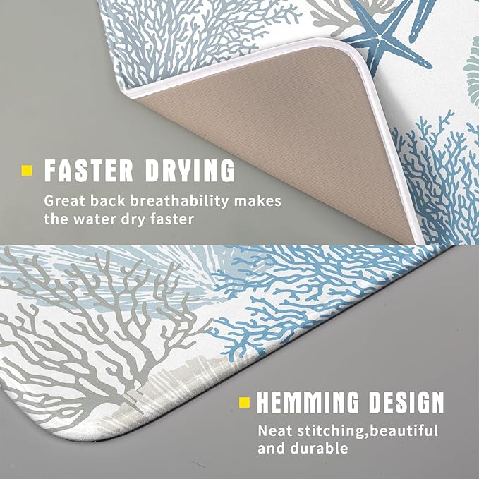 Nautical Dish Drying Mat for Kitchen Counter Coastal Seashell Starfish Summer Microfiber Absorbent Dish Draining Reusable Washable Foldable 16"x18" - Image 3