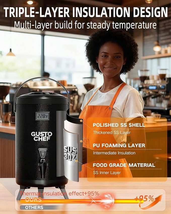 Insulated Beverage Dispenser 3 Gallon,Hot&Cold Drink Dispenser with Spigot,LCD Thermometer,Stainless Steel Triple-Layer Insulation,for Tea Coffee Milk Juice,Party Buffet(Black, 1 Pack) - Image 4