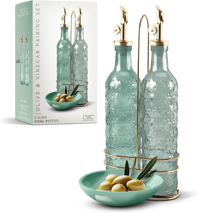 COOK WITH COLOR Glass Olive Oil Bottle Dispenser - 2 Pack- 17oz Oil and Vinegar Cruet - Olive Oil Carafe Decanter for Kitchen, Floral, Green by CookwithColor
