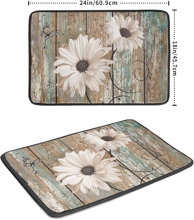 Giwawa Rustic Daisy Board Dish Drying Mat for Kitchen Countertop 18x24 inch Sunflower on Wooden Plank Dish Drainer Mats Fast Drying Country Shabby Chic Flower Dish Pad Vintage Kitchen Decor Large
