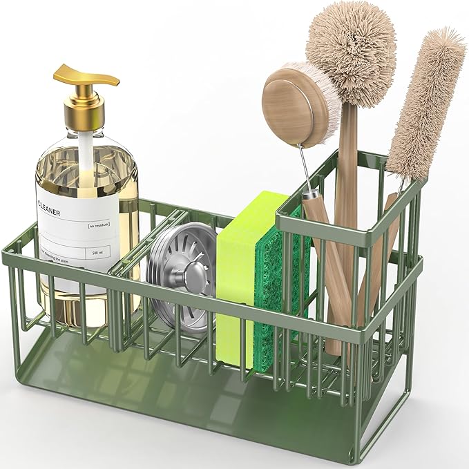 Cisily Kitchen Sink Caddy, Sponge Holder for Kitchen Sink, Kitchen Sink Organzier and Storage with High Brush Holder, 304 Stainless Gadgets Sink Accessories, Organizadores de Cocina Sage Green - Image 7