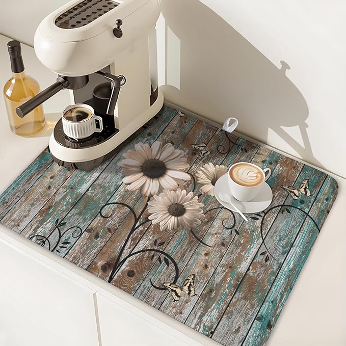 Dish Drying Mat for Kitchen Counter 18 x 24 Inch Rustic Vintage Daisy Floral Dish Drainer Mat Absorbent Microfiber Farmhouse Flowers Wooden Board Dish Rack Pad for Coffee Dining Bar Decor