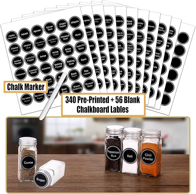SWOMMOLY 48 Glass Spice Jars with 713 Spice Labels, Chalk Marker and Funnel Complete Set. 48 Square Glass Jars 4OZ, Airtight Cap, Pour/sift Shaker Lid - Image 3