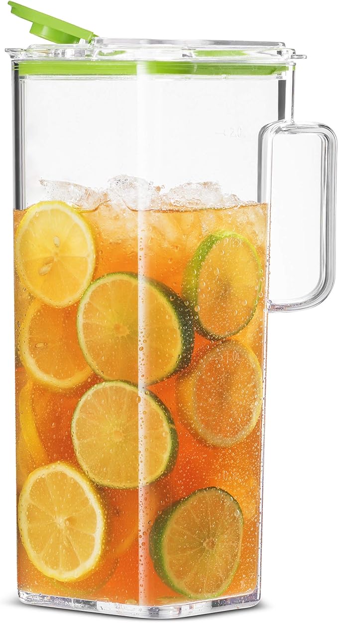 Komax Large Plastic Water Pitcher with Lid Square Water Carafe – BPA-Free, Dishwasher Safe – Water, Tea, or Juice Containers with Lids for Fridge (2.3 Liters) by Komax