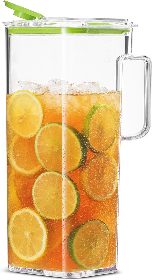 Komax Large Plastic Water Pitcher with Lid Square Water Carafe – BPA-Free, Dishwasher Safe – Water, Tea, or Juice Containers with Lids for Fridge (2.3 Liters) by Komax