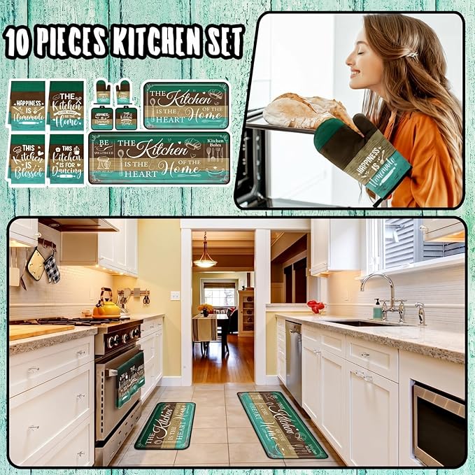 Fourluoo 10 Pcs Farmhouse Kitchen Decor and Accessories Set 4 Kitchen Towels 2 Pot Holders 2 Oven Mitts 2 Rugs for Cooking Baking Mom Housewarming Gifts(Green,Classic Style) - Image 2